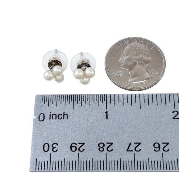 Estate Sterling Silver 925 Triplet Pearl Stud Earrings - Picture 7 of 9